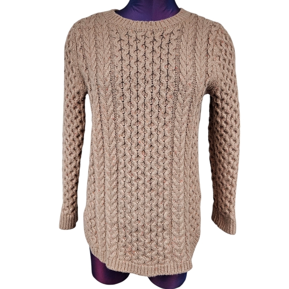Lands' End Neutral Tan Wool Blend Cable Knit Donegal Sweater Size Small‎ S42